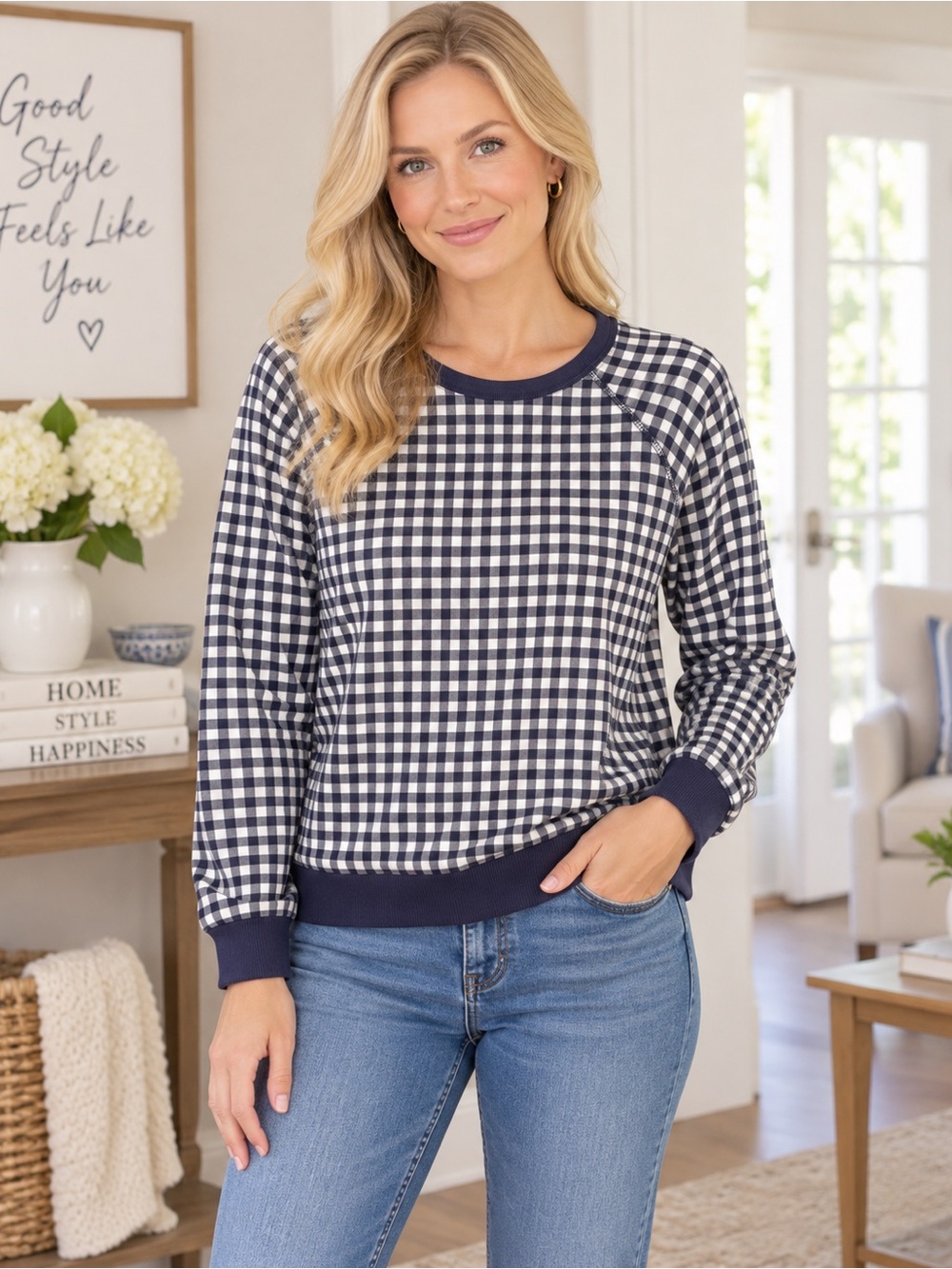 Draper James Natalie Gingham Sweatshirt Women M Navy White Cotton Pullover